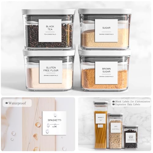 288 Pantry Labels for Food Containers, Preprinted Minimalist Waterproof Stickers for Organizing Storage Bins, Jars and Kitchen - style: White Square Pantry Labels