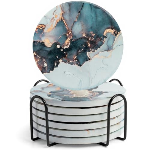 Ceramic Marble Coasters Set of 6, Absorbent Drink Coasters for Table | Colorful moisture-absorbing marble stone coasters; coffee table decor, cute alternative to cork, silicone or glass - color: Twinkle Black