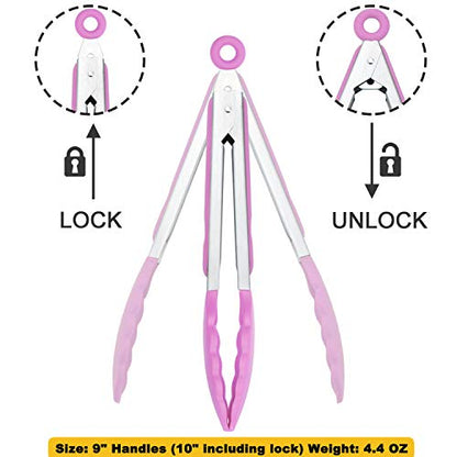 HINMAY Serving Tongs with Silicone Tips 9-Inch Food Tongs, Set of 3 (Pink) - color: Pink