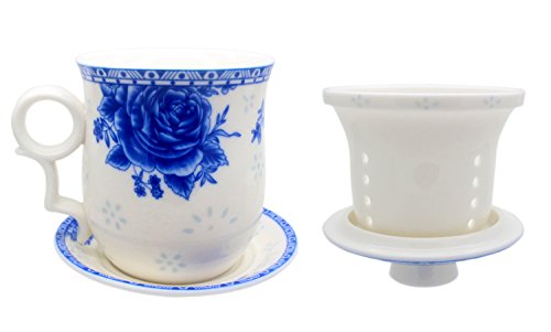 Porcelain Tea Cup with Infuser Lid and Saucer Sets - Chinese Jingdezhen Ceramics Coffee Mug Teacup Loose Leaf Tea Brewing System for Home Office - color: Exquisite Rose Blue and White