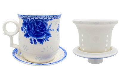 Porcelain Tea Cup with Infuser Lid and Saucer Sets - Chinese Jingdezhen Ceramics Coffee Mug Teacup Loose Leaf Tea Brewing System for Home Office - color: Exquisite Rose Blue and White