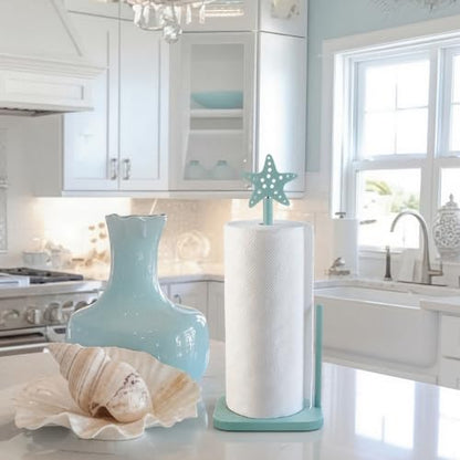 Leinuosen Beach Starfish Paper Towel Holder Rustic Beach Coastal Wooden Paper Towel Holder Turquoise Blue Nautical Ocean Bathroom Accessories Kitchen Roll Stand Organizer Apartment Housewarming Gift - style: Grey Green starfish