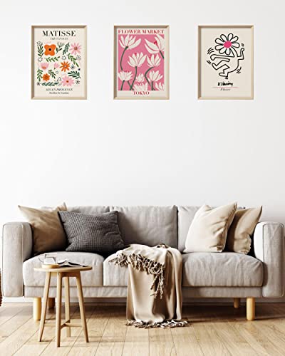 UPWOIGH Pink Floral Framed Wall Art, 12 x 16 Inch, Set of 3 | Matisse and Keith Haring Inspired Flower Prints, Pink Modern Art Designs, Light Wood Frames for Bedroom and Gallery Wall - color: Matisse Red Tokyo Flower MDF