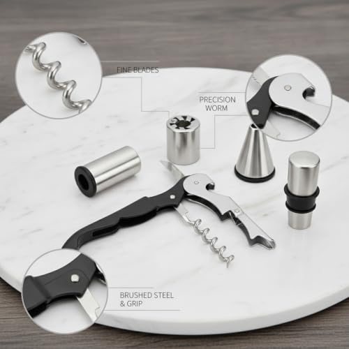 Home Bar & Dining Room Essential: 4-Piece Stainless Steel Wine Opener Kit with Corkscrew, Foil Cutter, Pourer, and Stopper