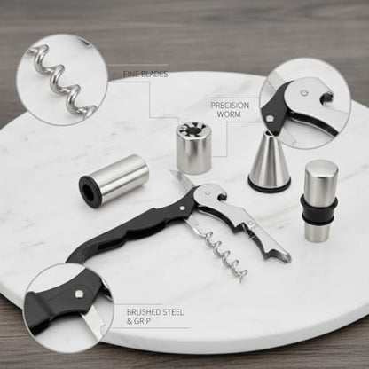 Home Bar & Dining Room Essential: 4-Piece Stainless Steel Wine Opener Kit with Corkscrew, Foil Cutter, Pourer, and Stopper