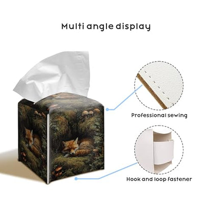 Sleeping Fox Tissue Box Cover, 5.2 Inch PU Leather Square Holder | PU leather tissue box cover with sleeping fox woodland design, hand-stitched detail, and removable liner for home or office. - color: Sleeping Fox