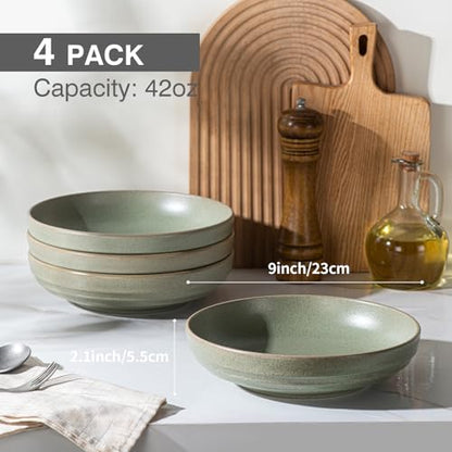 HAPPY KIT 9'' Pasta Bowls, 42oz, Stoneware Set of 4, WillowGreen - color: WillowGreen