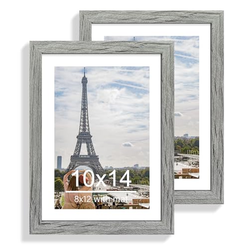 Hongkee 10x14 Picture Frame Set of 2, Made of Glass and Rustic Grey Wooden Frame, Display 8x12 Pictures with Mat or 30 x 40cm Diamond Painting Art without Mat for Wall Mounting, Gallery Photo Frames - color: Grey, size: 10x14 in