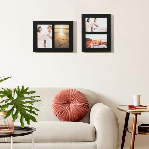 4x6 2-Opening Collage Frame Black Wood | Two 4x6 openings, shatter-resistant glass, tabletop & wall mount - size: 4x6 - 2 Opening
