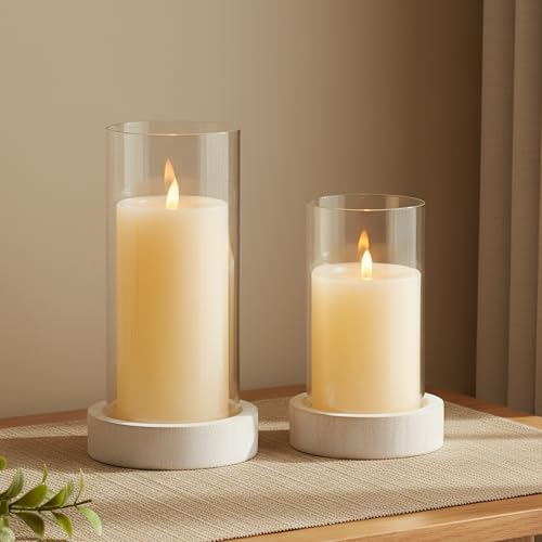 Ronasip Set of 2 Hurricane Candle Holders with Wood Base & Glass Cylinder (4.2x5.9” & 4.6x7.8”) – Rustic Wooden Candle Holders for Home Decor, Weddings, Table Centerpieces (2, White) - color: White