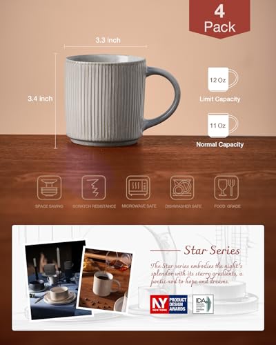 famiware Coffee Mug Set of 4, Star 12 oz Ceramic Mugs Cups Set with Handle | Stoneware Stackable Catering Cup for Coffee, Tea, Cappuccino, Latte, Microwave & Dishwasher Safe, Matte Grey - color: Star-Matte Grey, size: 4 Count (Pack of 1)