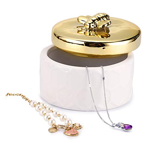 Hipiwe Ceramics Jewelry Box with Golden Bee Lid - Small Jewelry Display Organizer Holder Trinket Storage Tank Container for Home Decor,Gift for Women