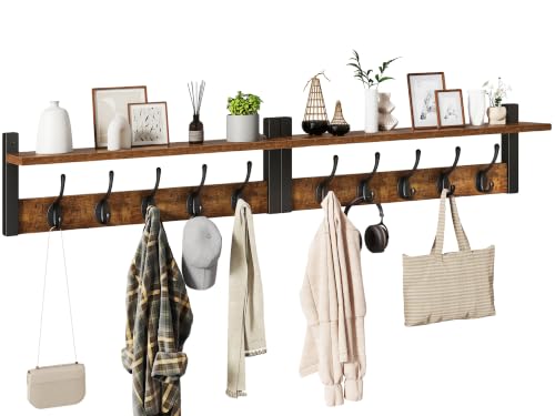 47.2" Coat Rack Wall Mount with Shelf and 10 Hooks, Rustic Brown UHWS004H-2 | 2 Pack Coat Hooks Wall Mount, Wood Wall Mounted Coat Rack with Hooks, Coat Hanger Wall Mount, Wall Hooks for Hanging - color: Rustic Brown