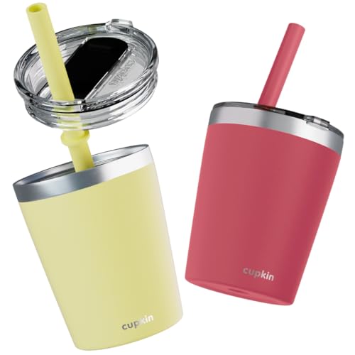 CUPKIN Eco Kids Tumbler Cup, The Original 8 oz Stackable Stainless Steel Metal Straw Cups, Set of 2 Powder Coated Insulated Cup with Straw + BPA Free Lids + Reusable Silicone Straws (Coral + Yellow) - color: Coral + Yellow, size: 8 Fl Oz (Pack of 2)