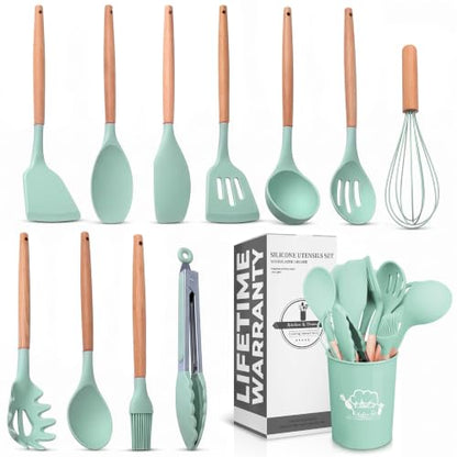 12 Pcs Kitchen Accessories Set with Holder, Silicone Heads (Light Green) | Kitchen Utensils Set for Cooking and Baking; Wooden Handles; Heat-Resistant up to 446°F; Non-Scratch for Nonstick Pans - color: Light Green