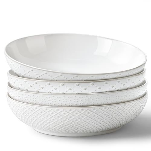 Y YHY Large Pasta Bowls, 45 oz Embossed Salad Bowls for Serving Soup, Noodle, Dessert, Dinner, Kitchen Deep Plates, 9.75" Porcelain Shallow Bowls, Soft White Dishes for House-warming Wedding Present - size: 9.75 IN