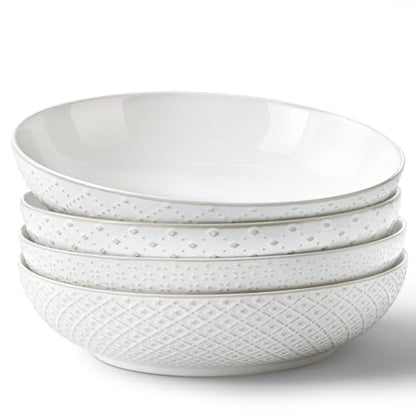 Y YHY Large Pasta Bowls, 45 oz Embossed Salad Bowls for Serving Soup, Noodle, Dessert, Dinner, Kitchen Deep Plates, 9.75" Porcelain Shallow Bowls, Soft White Dishes for House-warming Wedding Present - size: 9.75 IN