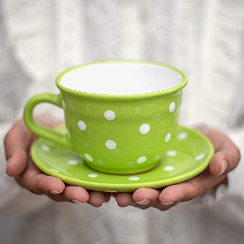 City to Cottage Handmade Lime Green and White Polka Dot Large Ceramic 12oz/350ml Cappuccino Coffee Tea Cup and Saucer, Unique Designer Pottery for Tea Lovers - color: Green - 12oz (350ml)