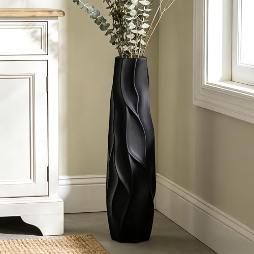 Black Tall Ceramic Floor Vase, 28 Inch, Pleated Wave Design | Matte Finish, Spacious Rooms, Statement Corners, Fireplace, Dried Branches - size: 28 Inch