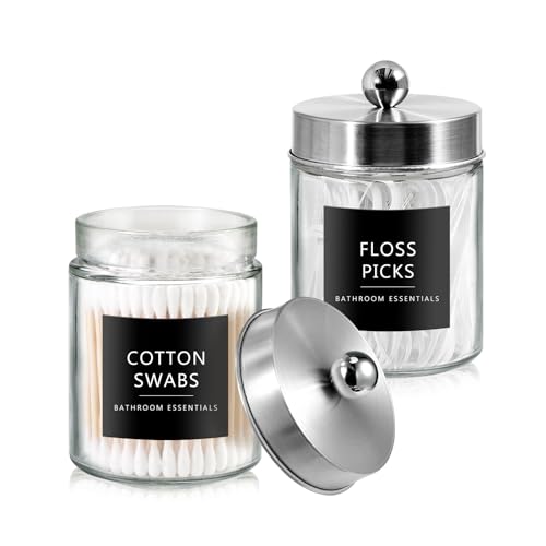 SheeChung 2 Pack Glass Qtip Holder with Brushed Nickel Stainless Steel Lids | Apothecary Jars with Stickers, Modern Farmhouse Bathroom Vanity Organizer for Cotton Swabs, Balls, Pads - color: Nickel, size: 2 pack