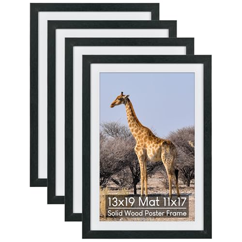 13x19 Wooden Poster Frame Set of 4 (with 11x17 Mat), Solid Wood with Plexiglass, Wall Mount Display, Large Picture Frames Collage Wall Décor, Black - color: Black, size: 13x19