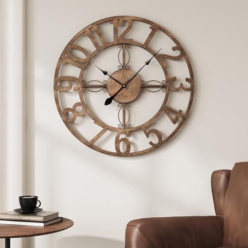 Cuspin 20 Inch Wall Clock, Large Modern Decorative Wall Clocks for Living Room Decor, Metal Round Clock Battery-Operated Silent Non Ticking Retro Design Arabic Numerals, Bronze - color: Bronze Arabic Number, size: 20 Inch