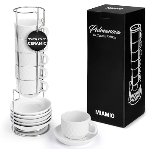 MIAMIO - 6 x 2.5 oz Stoneware Espresso Mug, Cup Set Modern with Stand and Saucers - Palmanova Collection (White) - color: White