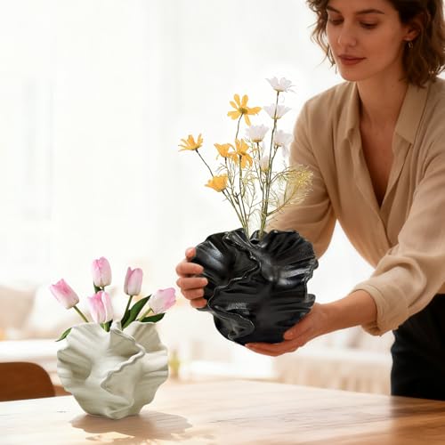 Ceramic Vase, Set of 2 Black & White Vases for Home Decoration | Flower Vase Minimalist Nordic Boho Style for Modern Farmhouse Decor, Living Room; Kitchen; Bedroom; Coffee Table; Office etc - color: 2 Small Ceramic Vases