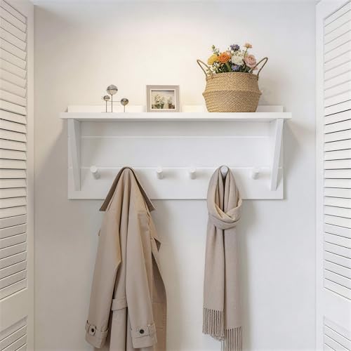 WEBI Coat Rack Wall Mount with Shelf,24" Long Entryway Wall Shelf with Hooks Underneath,6 Peg Hooks for Hanging Coats,Caps,Jacket,Clothes,White - color: White, size: 24 Inch