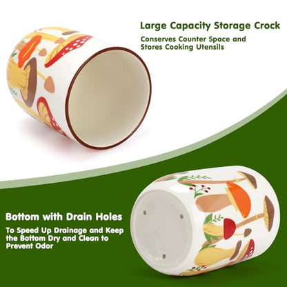 Nefelibata Mushroom Ceramic Utensil Holder Rustic Functional Utensil Crock | Kitchen Storage Decor Perfect for Storing Cooking Tools and Cutlery Keep Organized Large Crock for Countertops