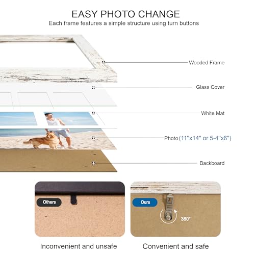 Hongkee 11x14 Picture Frame Set of 2, Distressed White Wood Frame with Real Glass Collage Picture Frames, Display Pictures Five 4x6 With Mat or 11 x 14 Without Mat, Photo Frames Wall Gallery - color: Distressed White, size: 11x14 in matted to 5-4x6