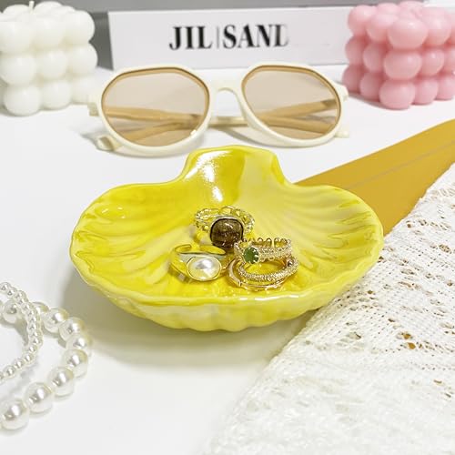 Shell Trinket Dish, Ceramic Jewelry Dish Tray, Cute Organizer Plate for Jewelry, Seashell Jewelry Ring Holder, Birthday Mother's Day Christmas Gift for Women, 3.9", Bright Yellow Iridescent Surface - color: Bright Yellow