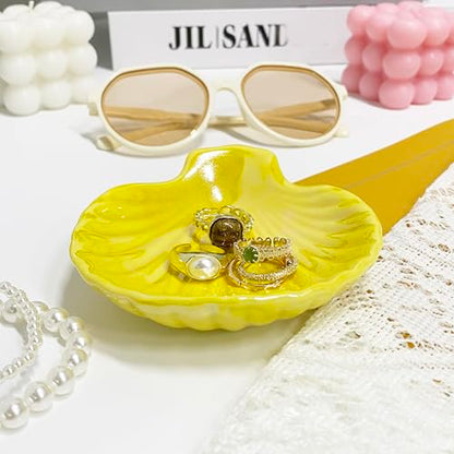 Shell Trinket Dish, Ceramic Jewelry Dish Tray, Cute Organizer Plate for Jewelry, Seashell Jewelry Ring Holder, Birthday Mother's Day Christmas Gift for Women, 3.9", Bright Yellow Iridescent Surface - color: Bright Yellow