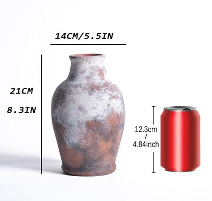 Handmade Rustic-Style Ceramic Decorative vase, Dimensions 8.3 x 5.5 inches, Featuring Distressed Gray and Terracotta hues, Suitable for Rustic, Country, and Various Decor Styles.