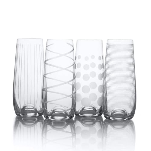 Mikasa Cheers Stemless Flutes, 7.5 Oz - Clear, Set of 4 | Lead-Free Crystal Drinkware with Dot, Line & Swirl Designs for Champagne, Prosecco, Cocktails & Mimosas, Dishwasher Safe - style: Stemless Flutes