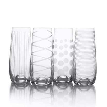 Mikasa Cheers Stemless Flutes, 7.5 Oz - Clear, Set of 4 | Lead-Free Crystal Drinkware with Dot, Line & Swirl Designs for Champagne, Prosecco, Cocktails & Mimosas, Dishwasher Safe - style: Stemless Flutes