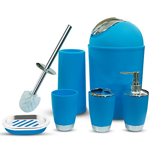 Bathroom Accessories Set, 6-Piece Plastic Gift Set, Toothbrush Holder, Toothbrush Cup, Soap Dispenser, Soap Dish, Toilet Brush Holder, Trash Can (Blue) - color: Blue