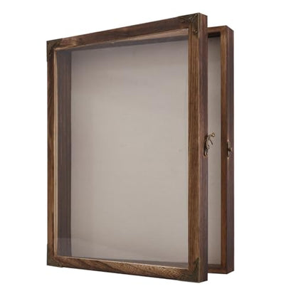 Shadow Box Frame 13x16, Large Memory Display Case with Retro Metal Corner Accents, Carbonized Wood Frame, Linen Back, and 10 Wooden Push Pins for Photos, Medals, Wedding Memory, and Keepsakes