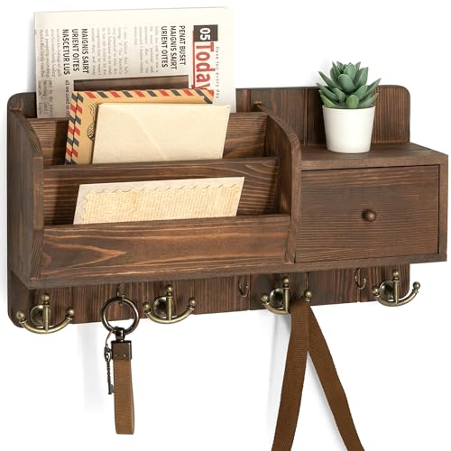 Rebee Vision Pine Wood Key Holder Wall Mount with Mail Sorter, Retro Brown | Mail and Key Organizer for Wall, 7 Key Hooks, Drawer Organizer, Store Envelopes, Mail Organizer for Wall, Ideal for Entryway - color: Vintage Brown