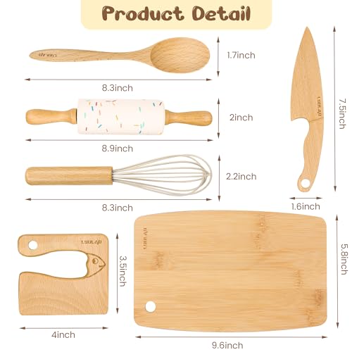 LUOLAO Wooden Kids Safe Knife and Toddler Baking Set for Real Cooking 6 PCS | Montessori Toddler Kitchen Tools, Cooking Cutting Board Set, Gift for kids, Safe & Effective, Teaching Real Kitchen Skills