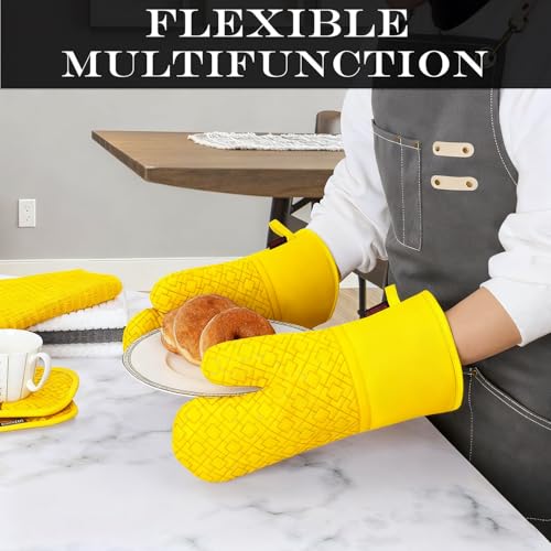 Oven Mitts and Pot Holders Sets 6pcs, Kitchen Oven Glove,High Heat Resistant 550 Degree Extra Long Oven Mitts and Potholders with Non-Slip Silicone Surface for Home Essentials (Grey) (Yellow) - color: Yellow