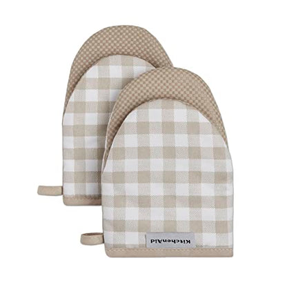 KitchenAid Gingham Mini Oven Mitt 2-Pack Set, Milkshake Tan, 5.5"x8" - color: Milkshake Tan