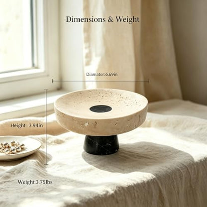 Natural Travertine Marble Pedestal Tray 6.7" x 6.7" x 3.9", Minimalist Catchall Vanity Tray for Perfume Jewelry Entryway Bathroom Decor Stone Footed Bowl - size: 6.69*3.94in