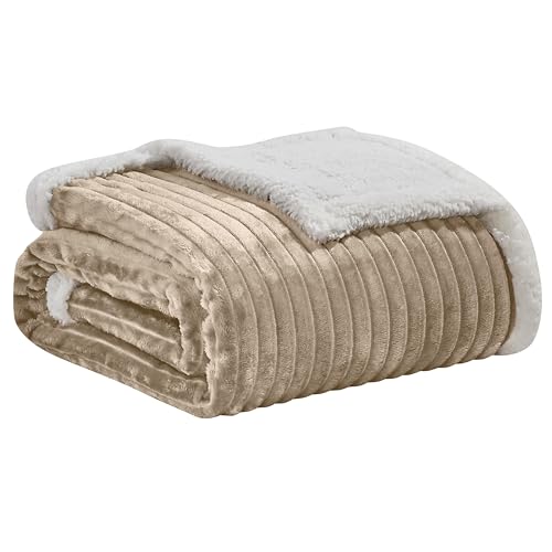 Elegant Comfort Corduroy Sherpa Reversible Throw Blanket, Medium Weight and Super Plush - Soft, Fuzzy and Plush Flannel Blanket - Micro-Suede - Corduroy Striped Pattern, 50 x 60 Inch Throw, Taupe