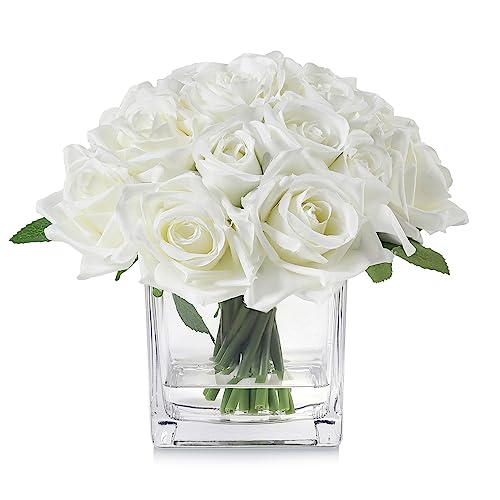 18 Heads Faux Rose Flowers in Vase, Fake Rose Flowers Arrangement in Vase with Fake Water for Dining Table, Wedding Decor (Cream) - color: Cream