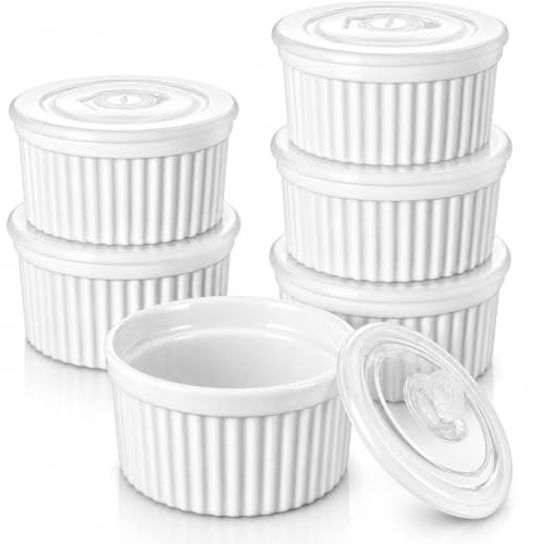 vancasso 6 oz Ramekins with Lid, Porcelain Creme Brulee Souffle Dishes, White Pudding Custard Cups Ramiken for Baking, Dishwasher and Oven Safe, Set of 6 - color: White, size: 6 oz