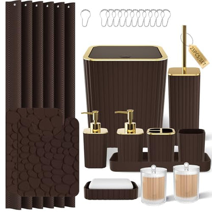 XLHOMO Bathroom Accessories Set - 25PC Brown Bathroom Sets with Shower Curtain and Rugs, Bathroom Accessory Set, Brown Shower Curtain Set, Trash Can, Qtip Holder Dispenser & Soap Dispenser - size: Bath Set+Shower Curtain+Rugs, style: Brown&Gold