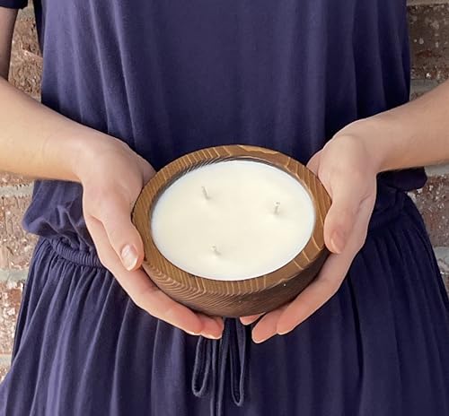 Bonneville Handmade Candles / 5 1/4" x 2" Hand Poured Wood Bowl Candle, 3 Wick/Dough Bowl/Up to 25 Hour Burn Time / 100% Soy Wax/Scented/Rustic/Holiday (Unscented)