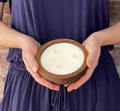 Bonneville Handmade Candles / 5 1/4" x 2" Hand Poured Wood Bowl Candle, 3 Wick/Dough Bowl/Up to 25 Hour Burn Time / 100% Soy Wax/Scented/Rustic/Holiday (Unscented)