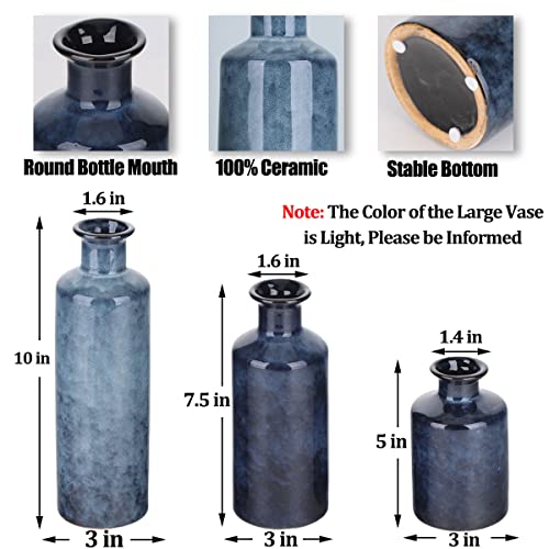 Ceramic Vases Set - Small Blue Vases for Farmhouse, Living Room, Table and Fireplace Decor